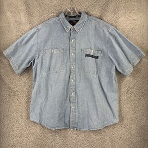 Vintage Harley Davidson Shirt Mens 2XL Blue Garage Motorcycle Light Wash Denim